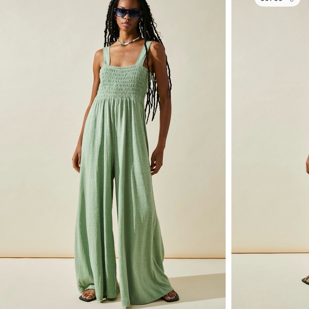 Free People Light Green Smocked Wide-Leg Jumpsuit
